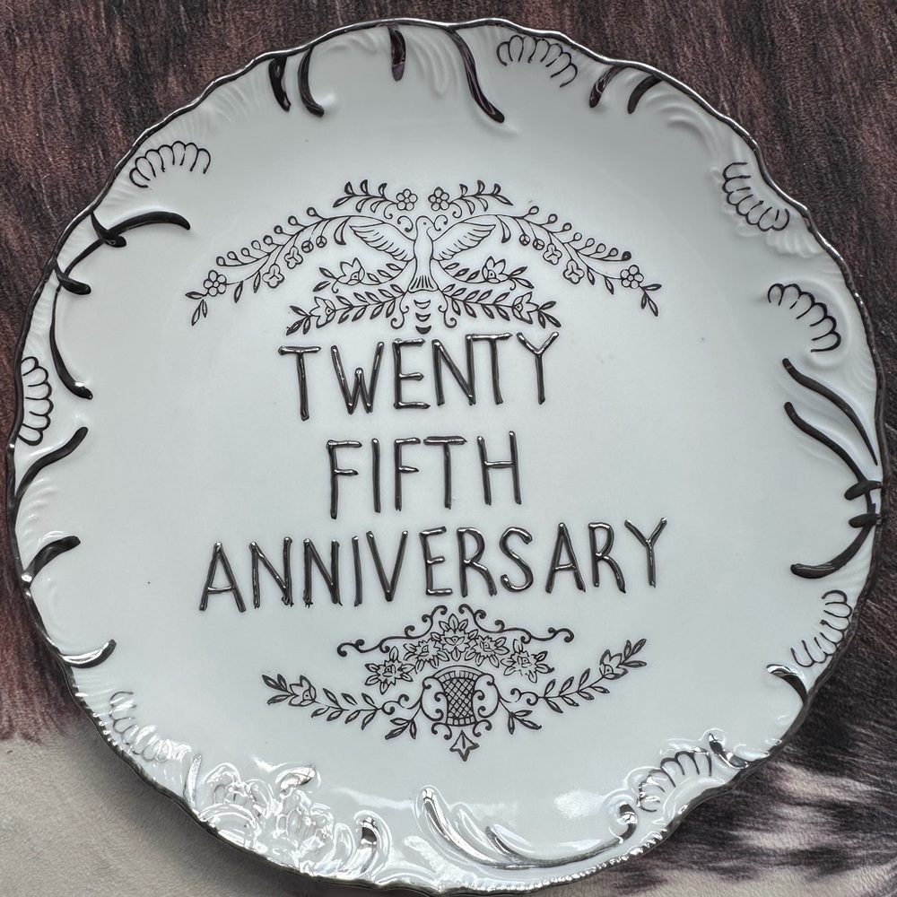 White Decorative Plate with Silver Anniversary Design
